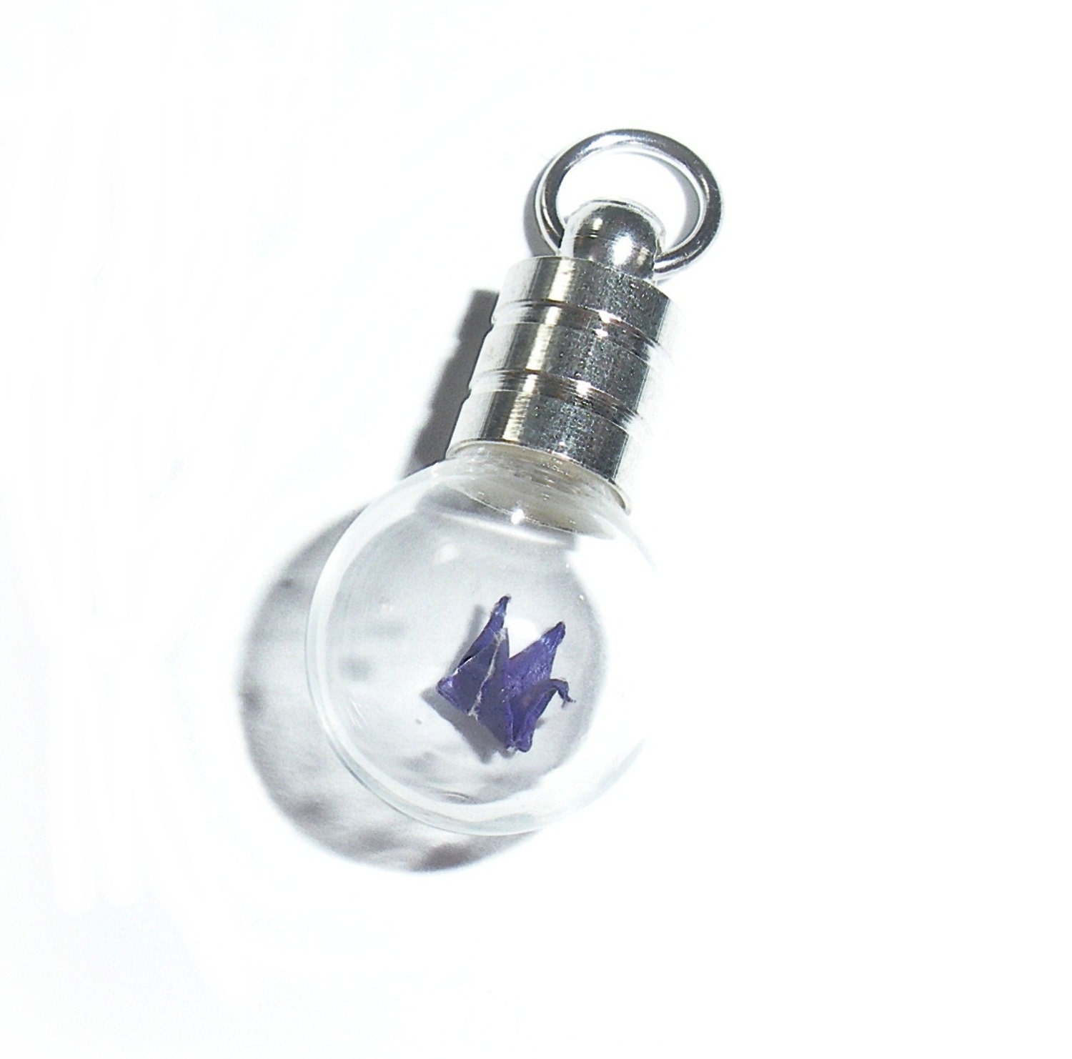 Miniature Purple Origami Crane Pendant - Round Glass Vial