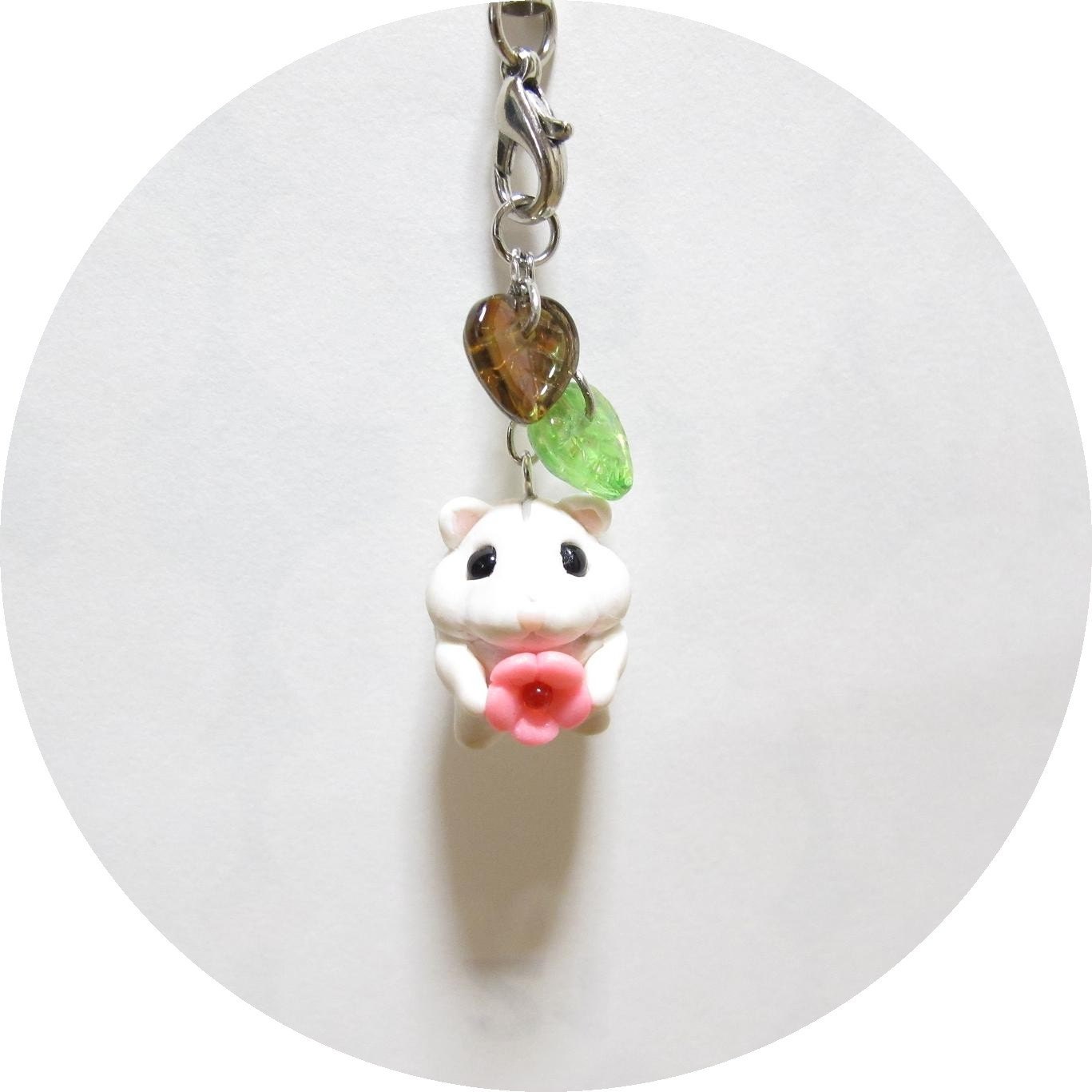 Petit Cute Dwarf Hamster Charm Fimo Polymer Clay Cell Phone Strap Kawaii Mouse Chibi Animal Pet Flower One of a Kind One-off