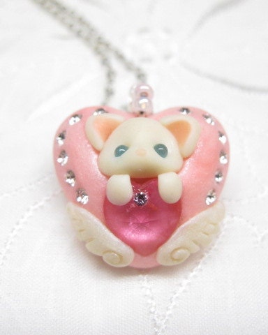 Petit Cute Cat Pendant Necklace Pink Heart Angel's wings Fimo Polymer Clay Swarovski Kawaii Kitten Chibi Animal One of a Kind One-off