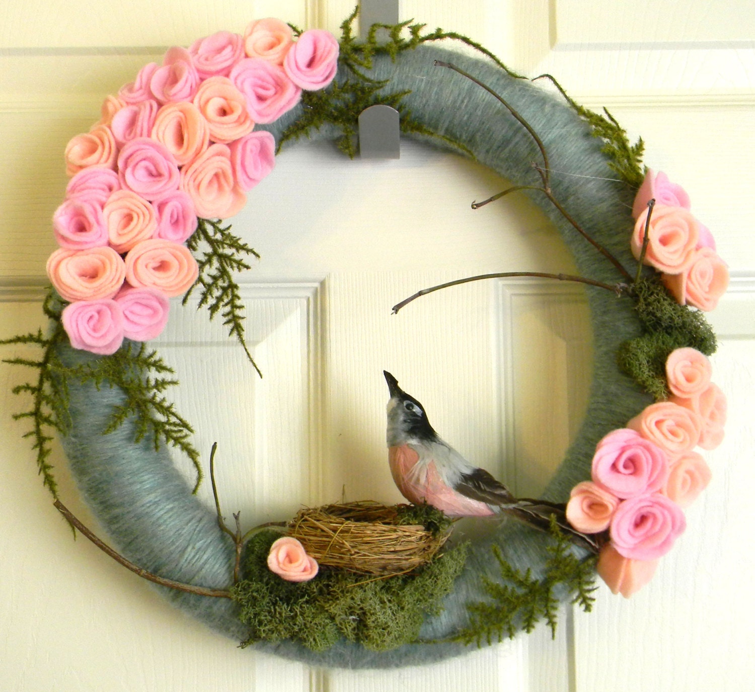 Felt and Yarn Wreath: 14inch "Soft Aqua and Pink Blossoms with Bird " and FREE Micro Wreath