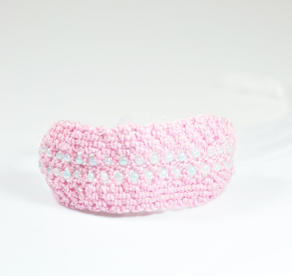 Pink bracelet, beadwork, lace cuff, crochet bracelet, wedding cuff, bridal, blue beads, bridal accessory, Romantic, Adjustable length