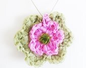 Handmade ribbon necklace, crochet necklace, mint and pink, ribbon,  Bridesmaid Jewelry ,  chain,  flower necklace