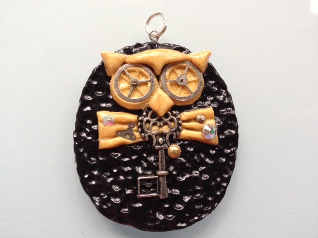 Steampunk Key Owl Pendant with Silver Necklace -Handmade- Polymer Clay- Unique
