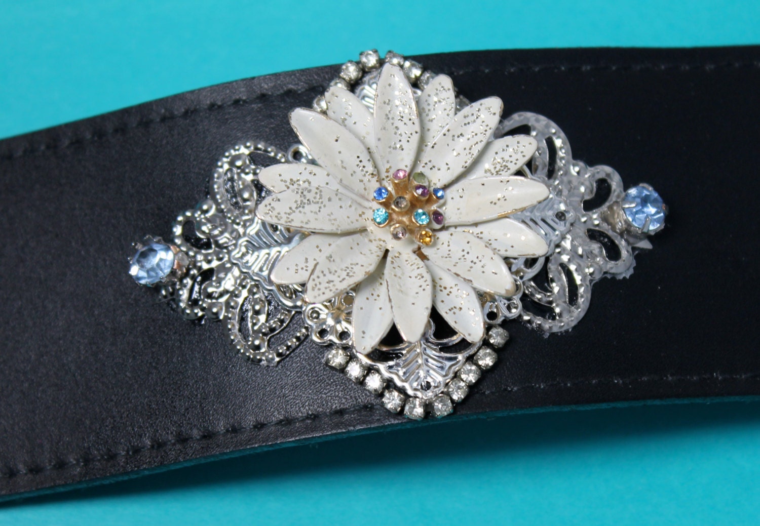 2" Wide Black Leather Cuff Embellished w/ a Vintage White Enamel Flower w/multiple Rhinestones...OOAK