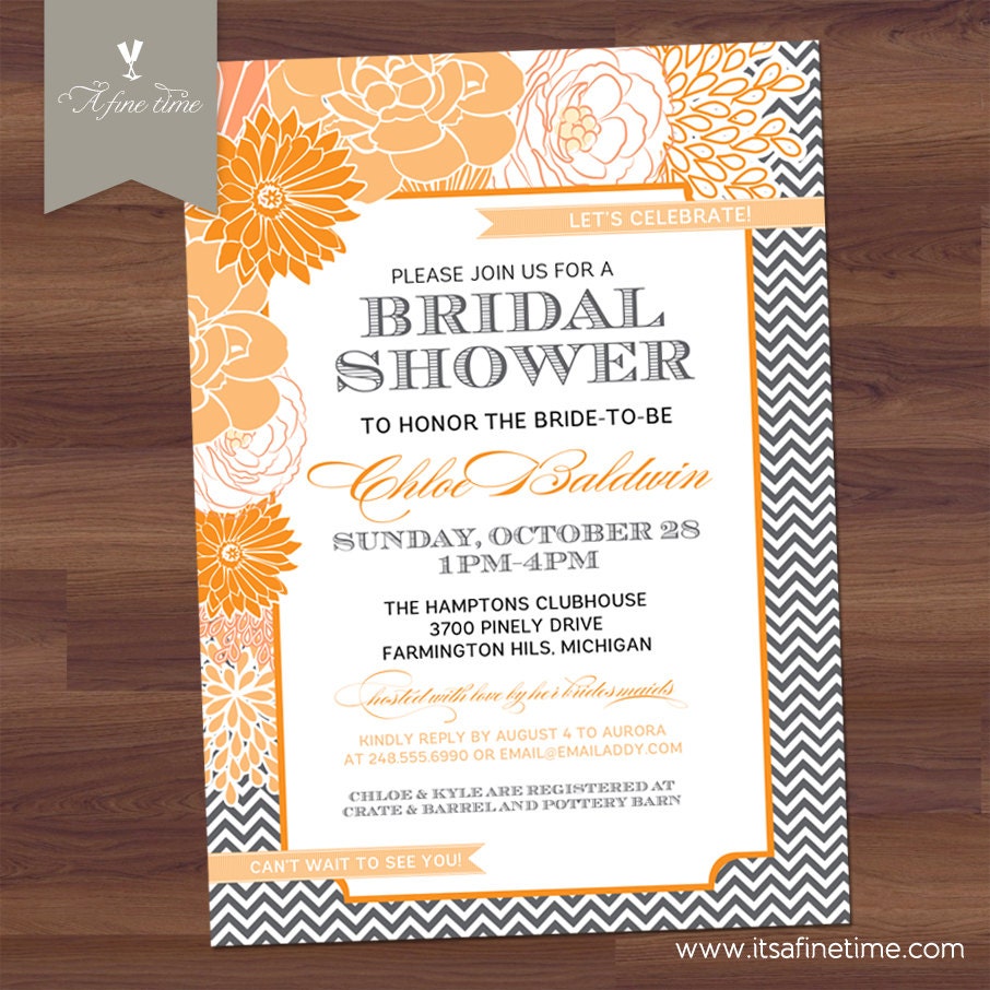 Bridal Shower Invitation - Modern Chevron Floral - Vintage Typography - Orange, Peach, Grey (DIY Digital Printable)