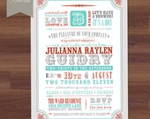 Baby Shower Invitation - Vintage, Poster, Typography - red, aqua - boy, girl, twins - country, bbq, circus, western, rustic (Printable)