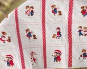 SALE - Vintage Fabric Neutral Baby Quilt, Toddler Quilt, Children, ABC Quilt, Baby Shower Gift, Red and Blue Blanket