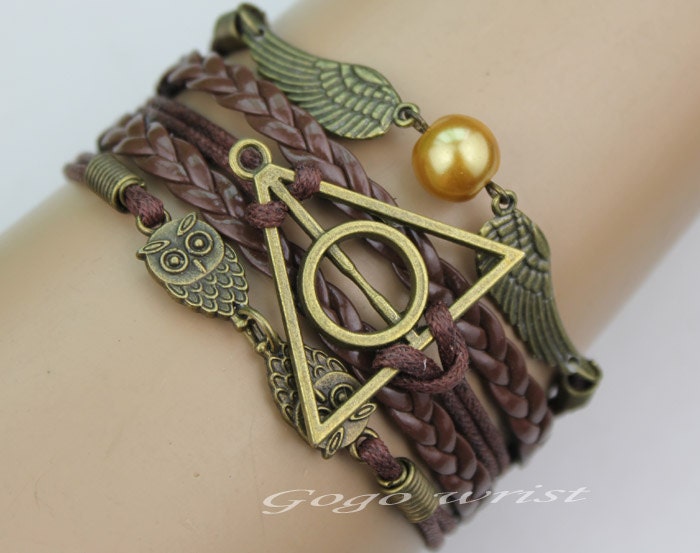 harry potter bracelet, Infinity bracelet, owl wing bracelet, gold bead bracelet, gift for girl friend,boy friend.-z189