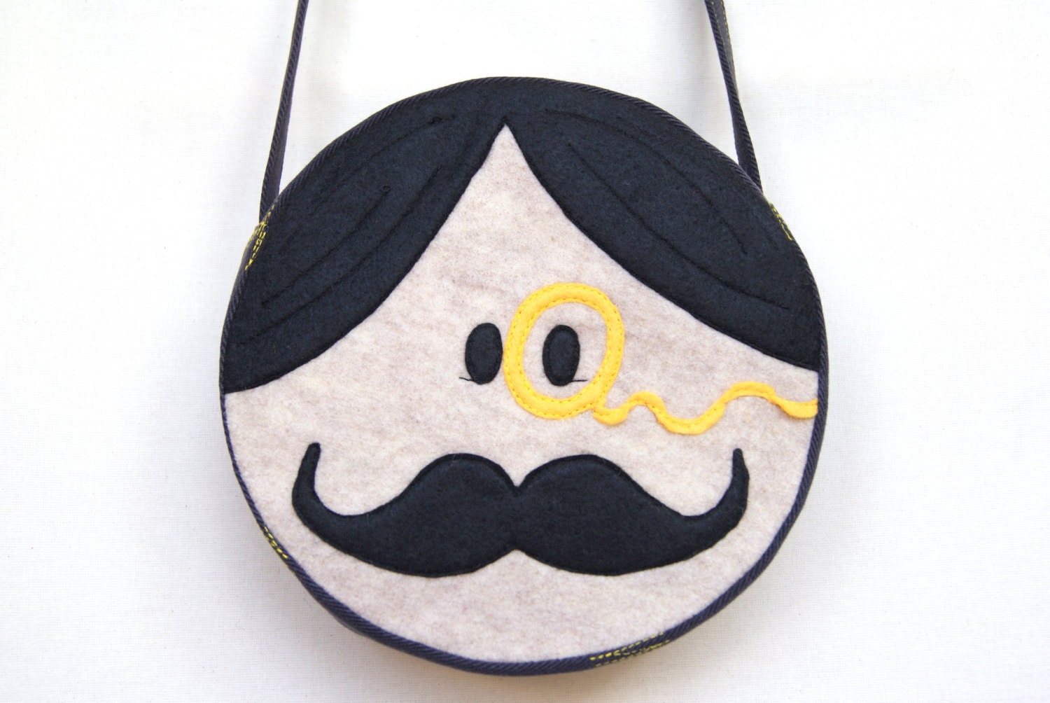 Sir McMonocle Mustache Messenger Round Bag Vegan Felt Upcycled