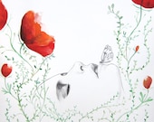 Poppies - Original Illustration - Pencil Drawing - Watercolor Painting - Garden - Butterfly - Portrait - Woman - Folk Art - Flowers - Poppy