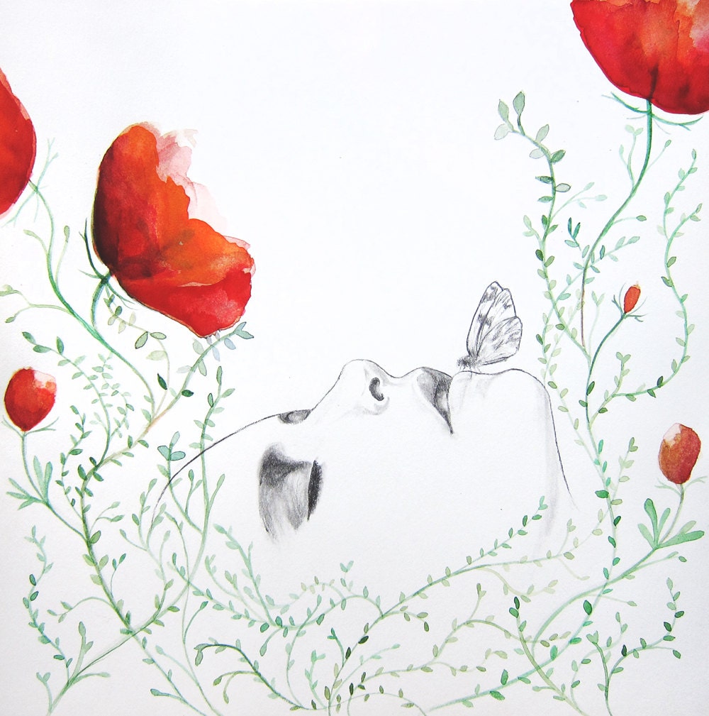 Poppies - Original Illustration - Pencil Drawing - Watercolor Painting - Garden - Butterfly - Portrait - Woman - Folk Art - Flowers - Poppy