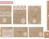 Printable vintage lace with rustic burlap wedding invitation set - save the date, invite, RSVP, info card plus belly band and sticker