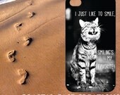 Apple iPhone 4 4G 4S 5G Hard Plastic or Rubber Cell Phone Case Cover Original Trendy Stylish Black and White Smiling Cat Quote Design