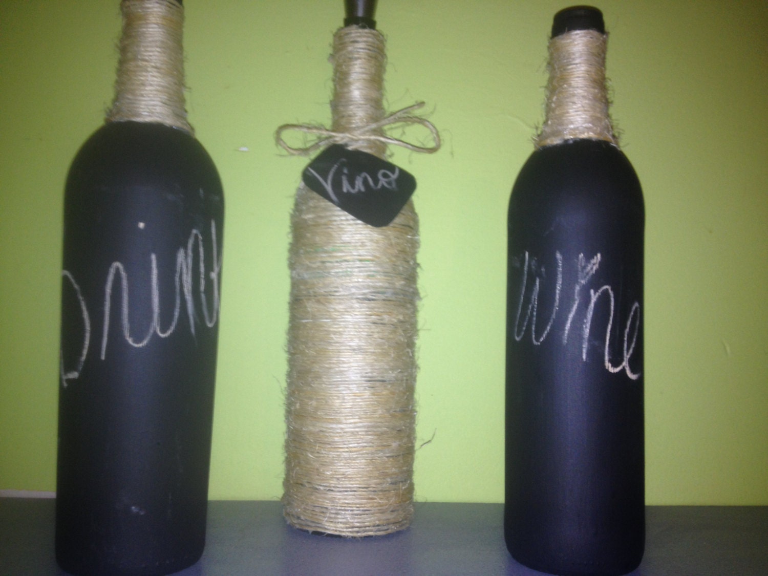 Handmade Twine Wine Bottle and 2 Hand Painted Chalkboard Paint Bottles