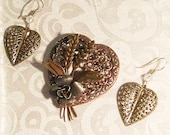 Vintage 3D HEART Brooch & Earring Set  Multi Metal Shaped Filigree   Steampunk Gothic