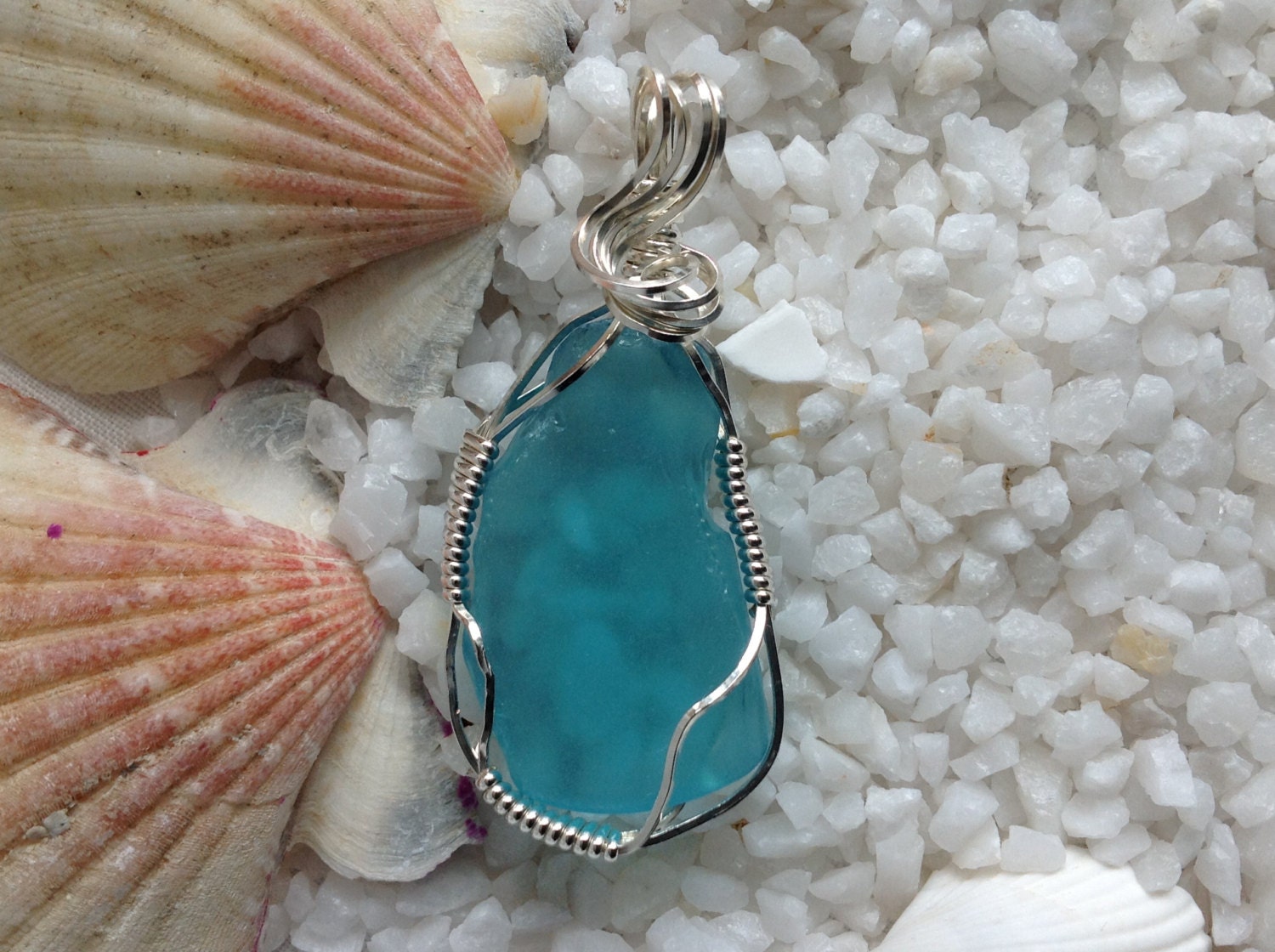 Rare Deep Teal Green Sea Glass Pendant Set in Sterling Silver
