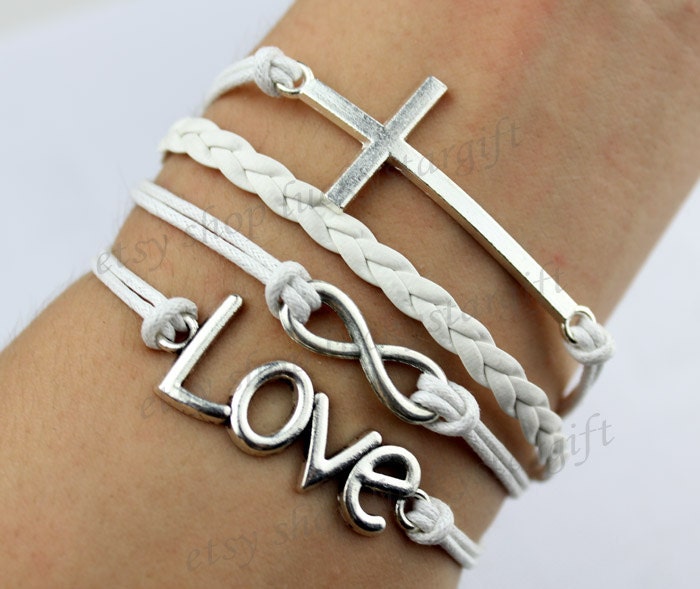 Infinite love ancient silver infinity & cross bracelet with white rope white leather woven fashion bracelet charm bracelet-Q428