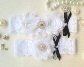 wedding garter set, white bridal garter set, white lace garter, white chiffon flowers, black bow, crystal rhinestone