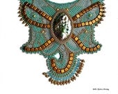 Bead Embroidery Necklace Collar  Blue Gold Bronze   Handmade Bead Embroidered OOAK