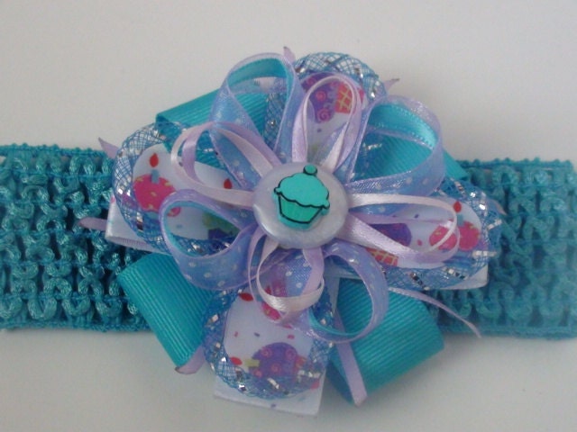 Baby girls toddler birthday cupcake blue white hairbow on headband