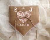 Vintage, baseball, home plate, natural burlap, heart  Wedding Ring Bearer 7" personalized pillow, Your initials and wedding date