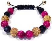 Gold Plated Crystal Bead, Pink Marble and Navy Blue Texture Sparkled Accents Shamballa Bracelet Hand-Made