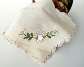 Vintage Linen Cloth Napkins Set of 4 Cream Napkins Embrodered with Ribbon Flower Design