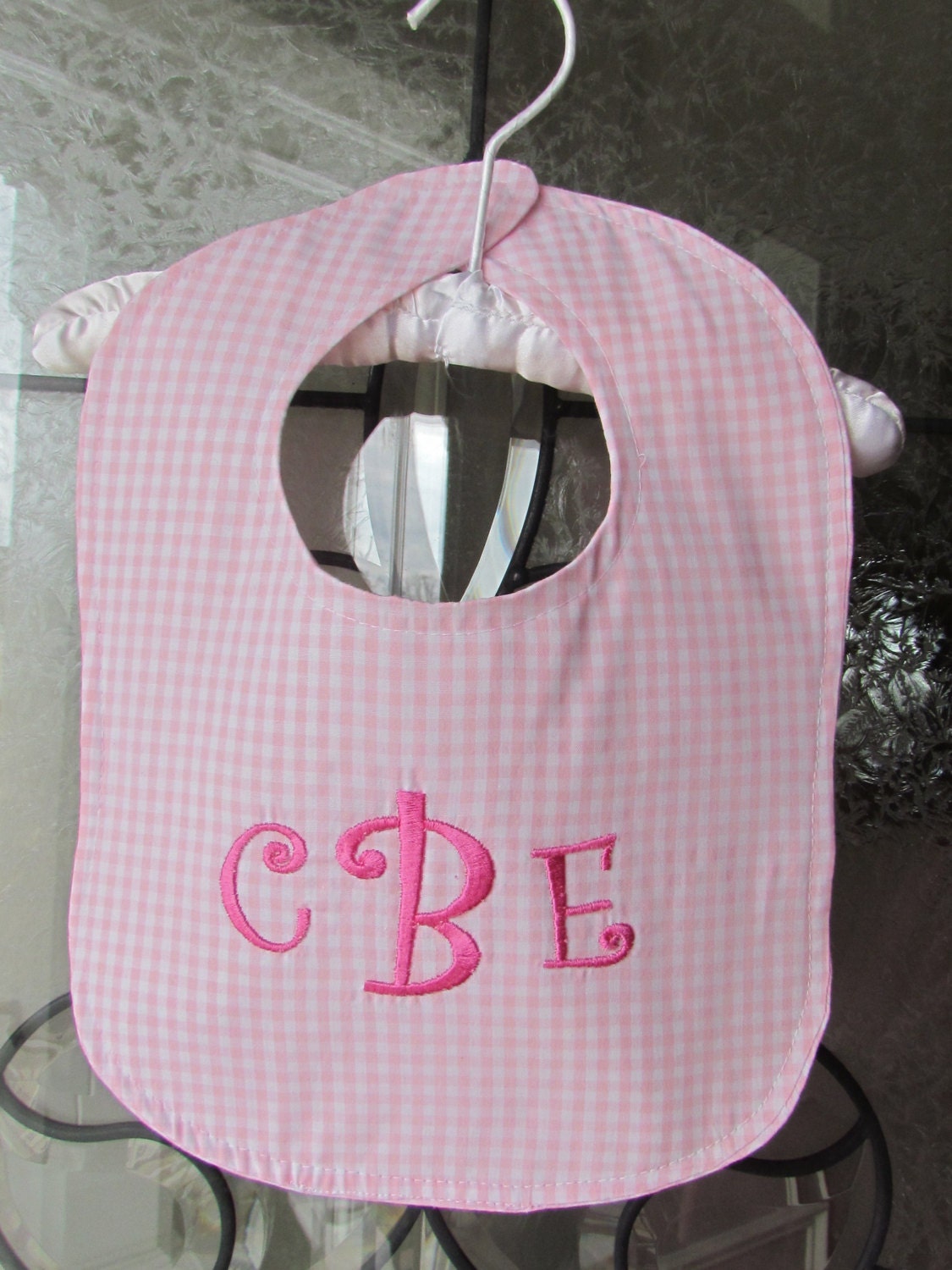 Custom Personalized Monogrammed Pink Gingham Bib, Great Baby Shower Gift.