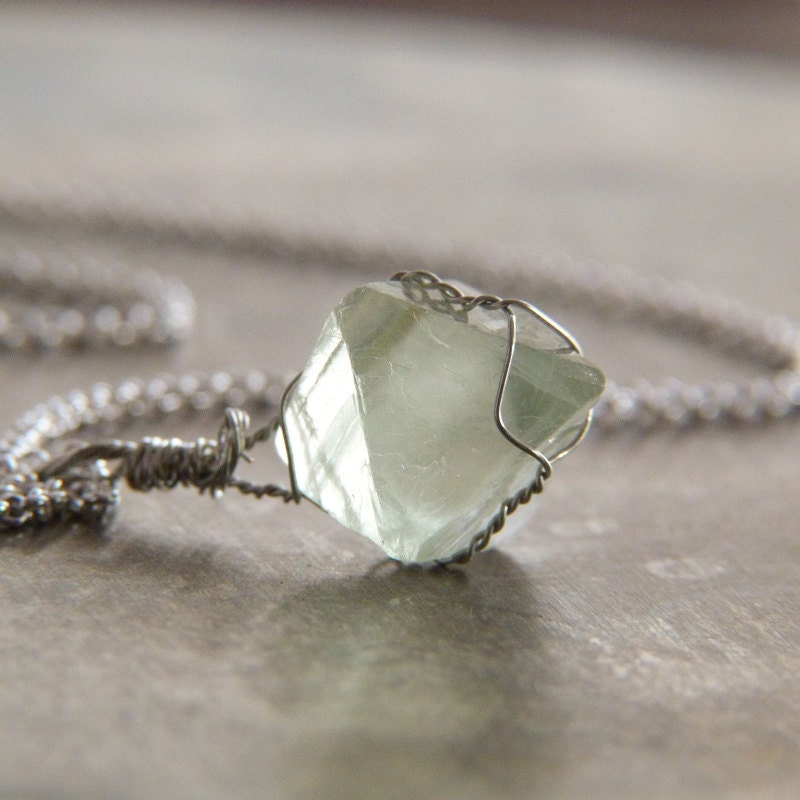 Kryptonite - Wire Wrapped Green Fluorite Octahedron Necklace - Wirewrapped Pendant Necklace