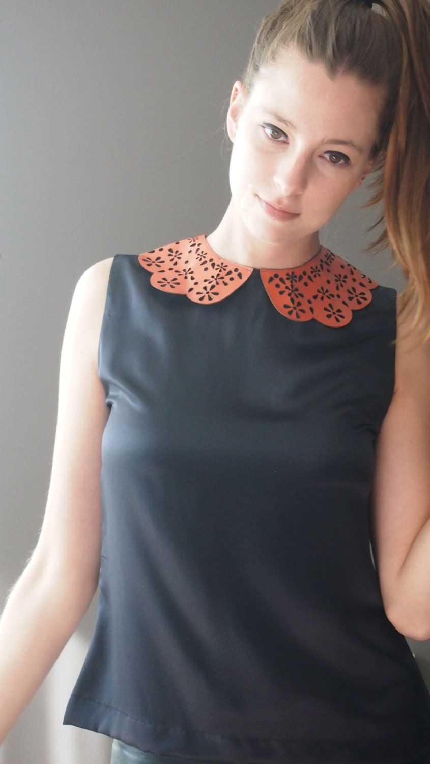 laser cut leather collar blouse