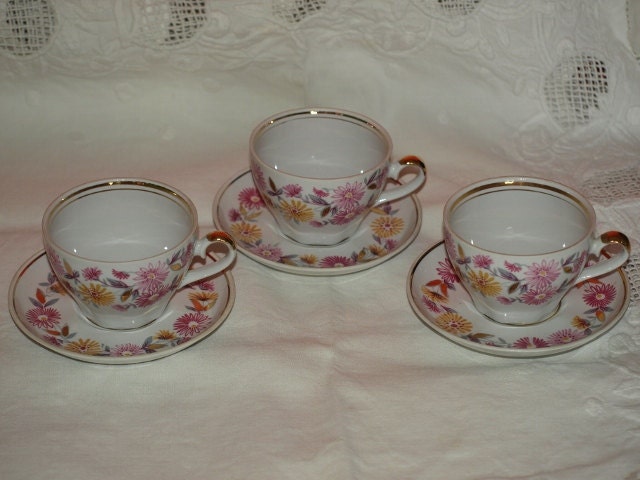 Vintage Soviet Porcelain Cups, set of 3, tea set, coffee set, Retro Kitchen decor, Soviet Union, Made in USSR, Russian Design, from 1970s