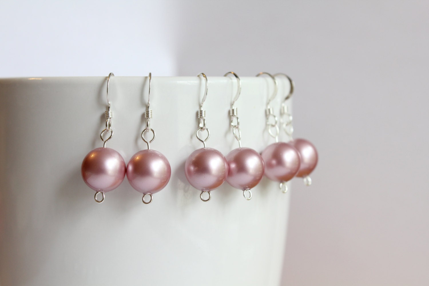 Set of 3 pink swarovski pearl sterling silver earrings, bridesmaids gifts, bridesmaid jewelry, powder rose pink earrings
