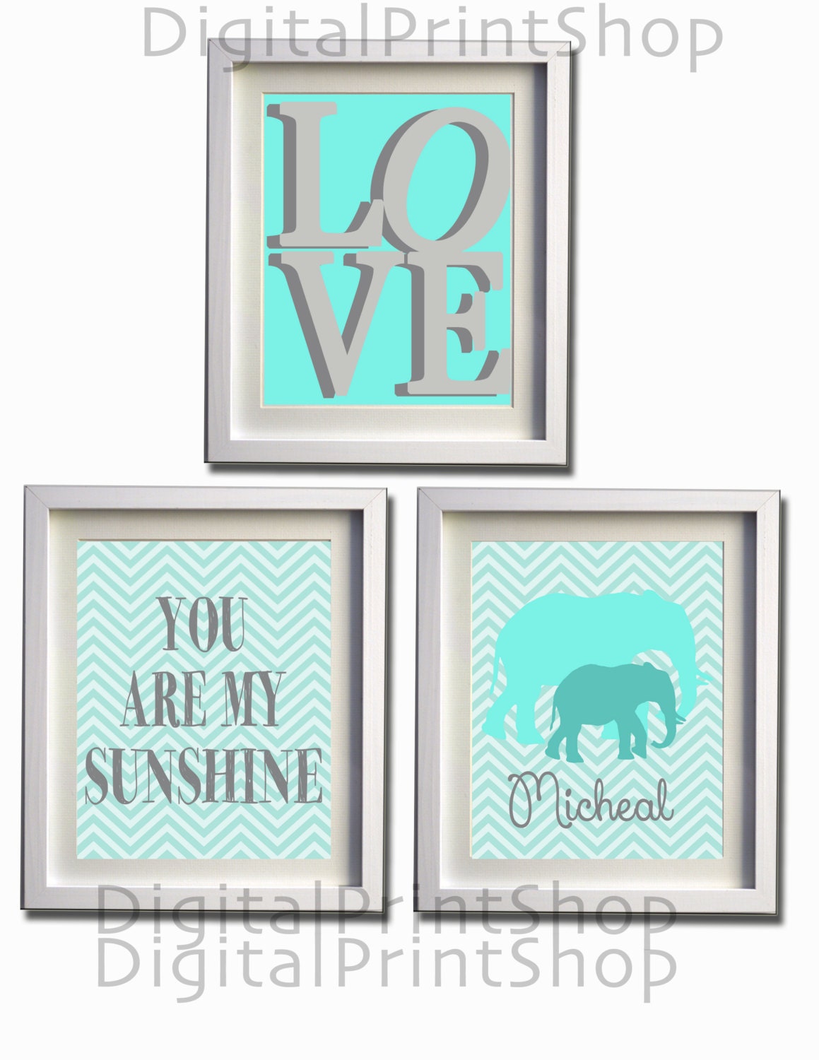 NURSERY PRINT Set of 3 ,chevron,You are my sunshine, Mother & baby elephant, love,Digital Art Print, Personalized Printable Art-.jpg file