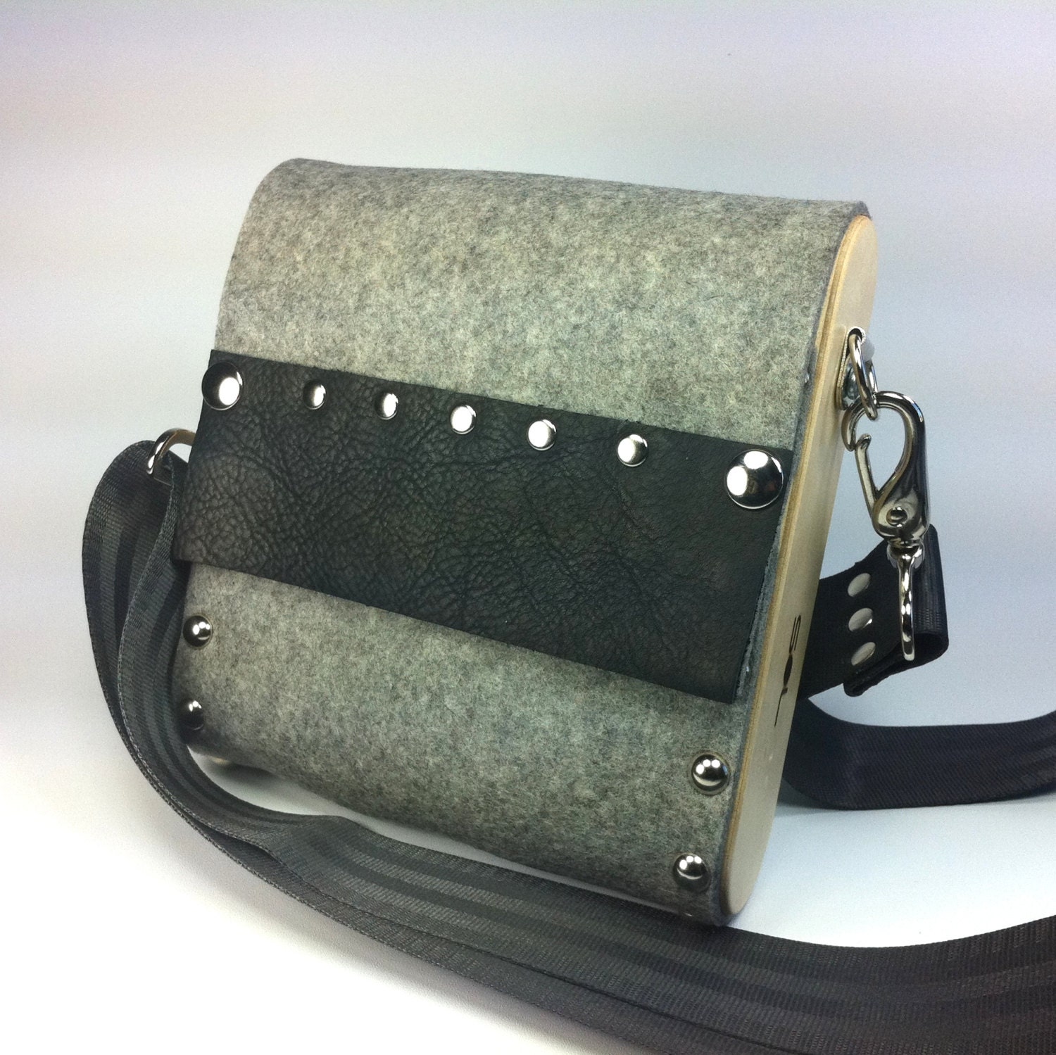 Model Daytimer, number 182, small messenger bag, light grey natural 100% wool felt with black leather band FREE SHIPPING