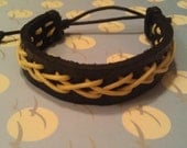 Genuine Black Leather with Nylon Yellow Cord Weaved in Adjustable Bracelet