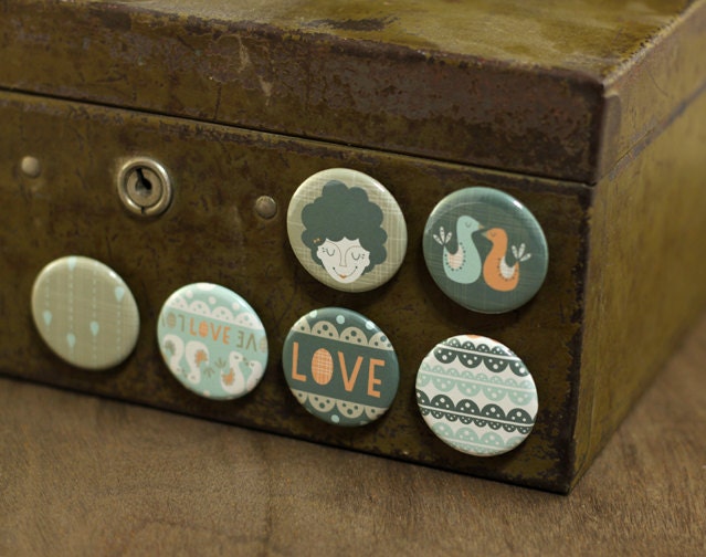 Storm Magnet Set - Retro Woman Refrigerator Magnets in a Gift Tin, Love Birds, Lace, Navy Blue, Grey (Set of 6)