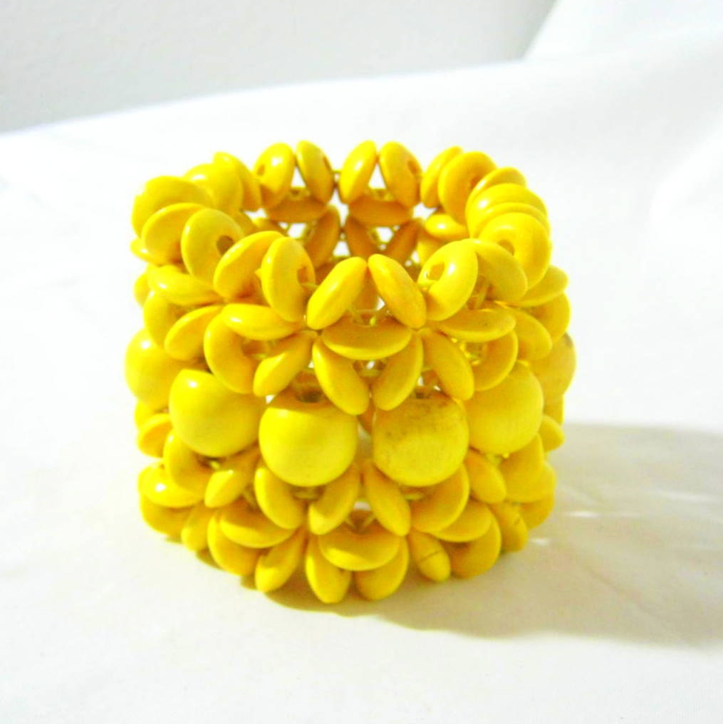 YUMMY YELLOW Wood Bracelet Cuff Stretch Circle Funky Trendy Round Beaded Bangle Elastic Handmade Unique Adjustable Earrings Sale Cute