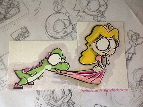 Peach and Yoshi - set - Sketch Card - 3.5 x 2.5 - Original - Marker