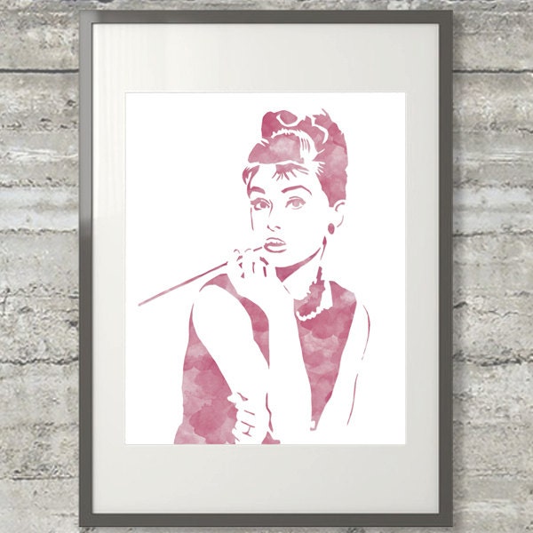 Audrey Hepburn in Breakfast at Tiffany's Watercolor Stencil Style Printable Art Graphic Design