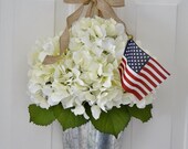 NOW 40% off - Code 40off - Hydrangea Wreath - Galvanized Tin Pail, July 4th, Patriotic, Burlap, Door Wreath, Spring Wreath, Summer Wreath