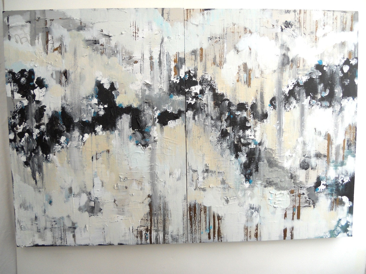 Blurry Skyline Diptych Mid century modern influenced textured abstract painting
