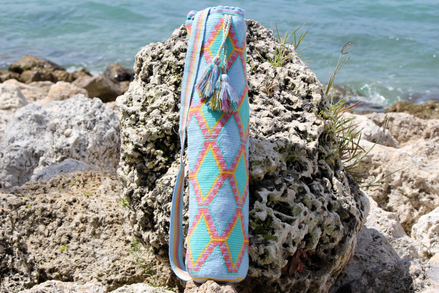 Hand Woven Yoga Mat Bag - Light Blue, Pink, & Yellow