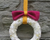 Textured Ivory/Pearl Recycled Button Wreath with Felted Sweater Magenta/Gold Bow 8"