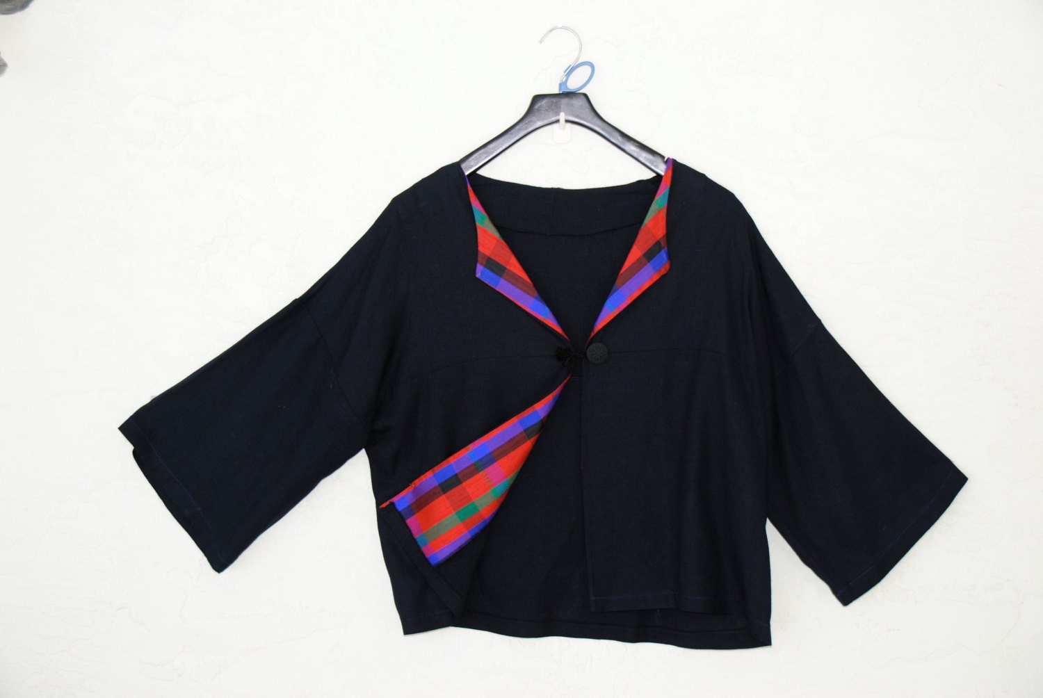 deep navy blue linen with silk duponi colorful plaid OOAK