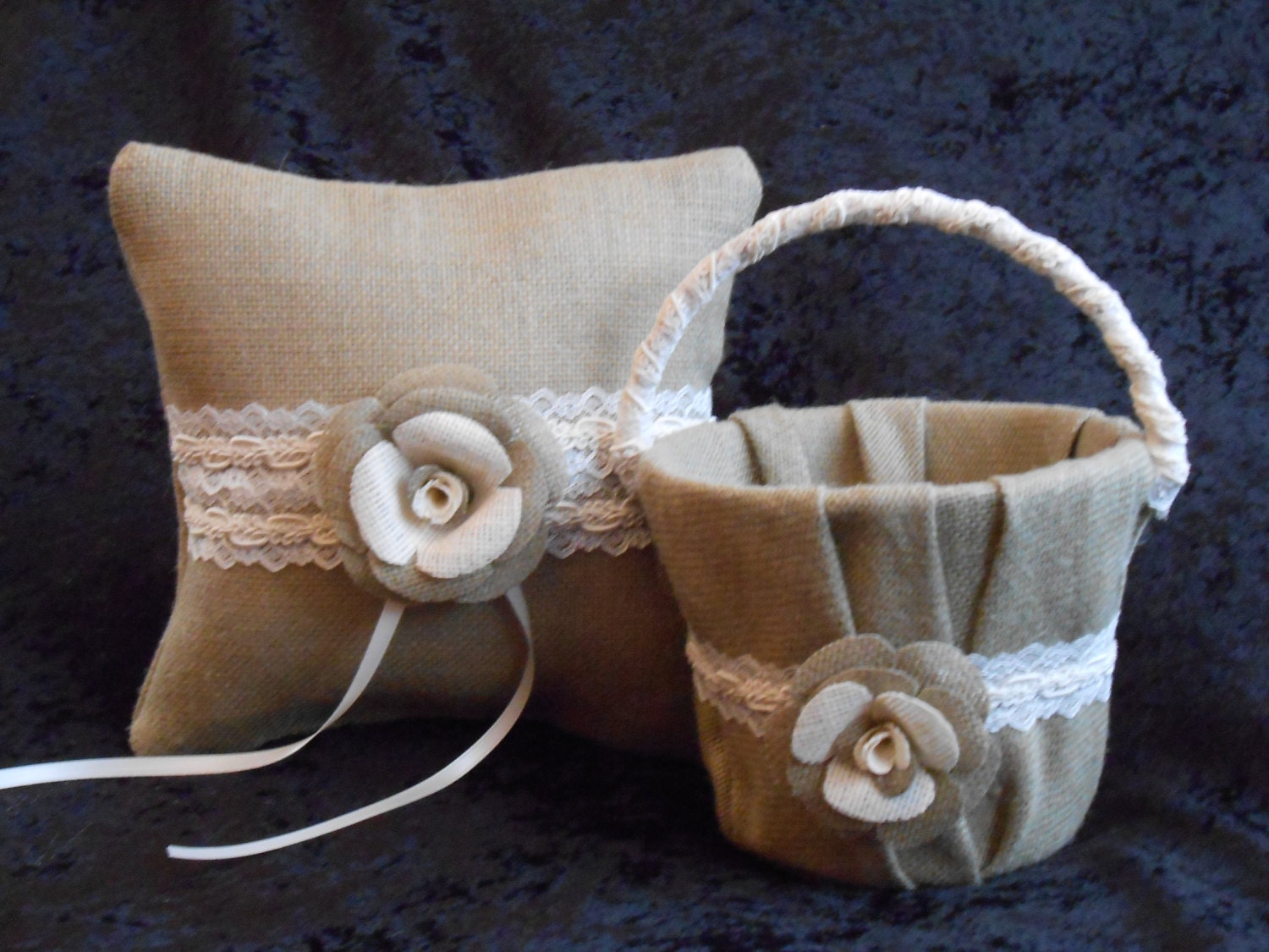Beautiful Rustic Country Western UNIQUE Wedding Burlap Lace Cottage Rose Ring Bearer Pillow Flower Girl Basket Pail Set Ready to Ship