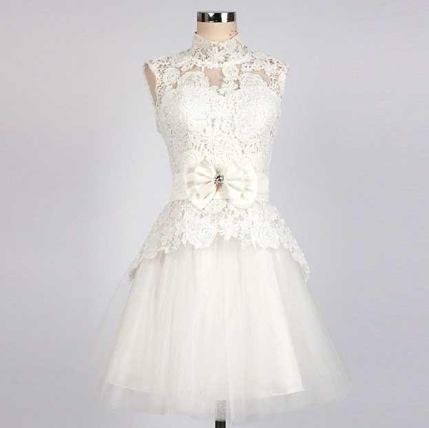 Lace Short White Prom/Sheath /Cocktail/Pleated/ Bridesmaid/ Wedding Party Dress/Evening/Formal Women Dresses