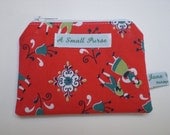 Red folk print small vintage cotton purse - original fabric from 1950s/60s