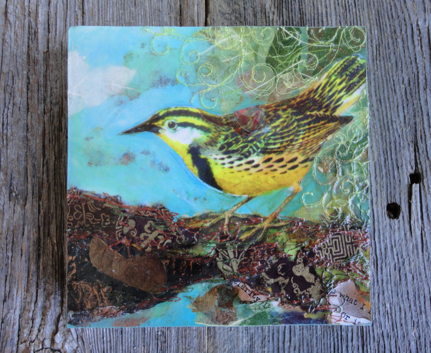 Original Mixed Media Bird Collage - Blue Skies Ahead