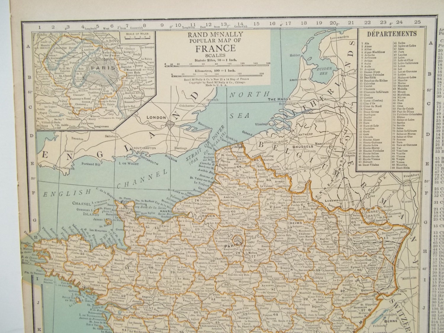 1925 FRANCE. AQUA, Gold, & Tan. 14x11 Original Vintage AntiqueMap. "Roaring 20s" Home Decor. NETHERLANDS, Belgium, Luxembourg