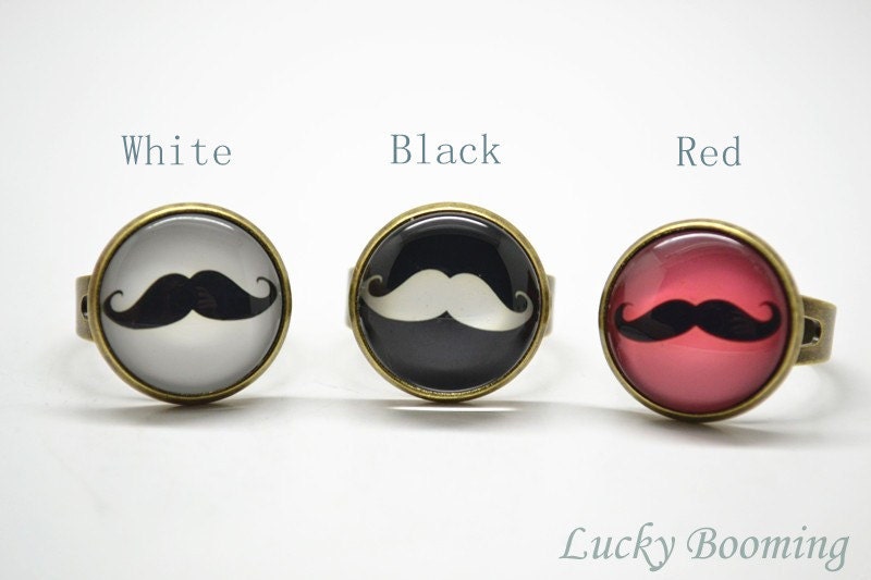 Mustache Ring - 16mm Black Curly Moustache Glass Art Ring, Picture adjustable Ring R5